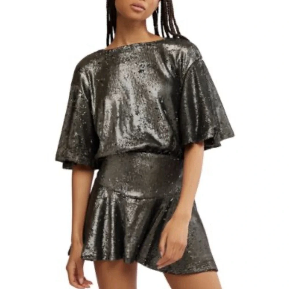 Free People Women's Manuka Sequin Mini Dress M Silver Gunmetal Gray READ